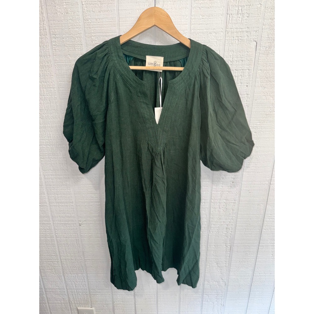 Umgee Tunic Top Womens Forest Green Puff Sleeve Split V-Neck Boho New NWT Small